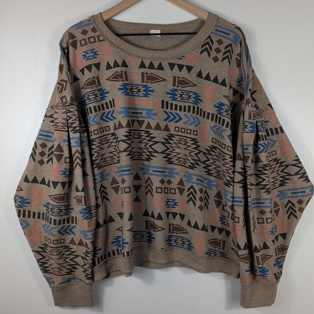 Boho Aztec Print Crewneck Sweater - Taupe, Blue & Brown